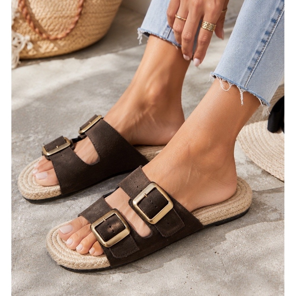 Haute Hippie Nikki Brown Suede Double Buckle Espadrille Slide Sandals Women 9